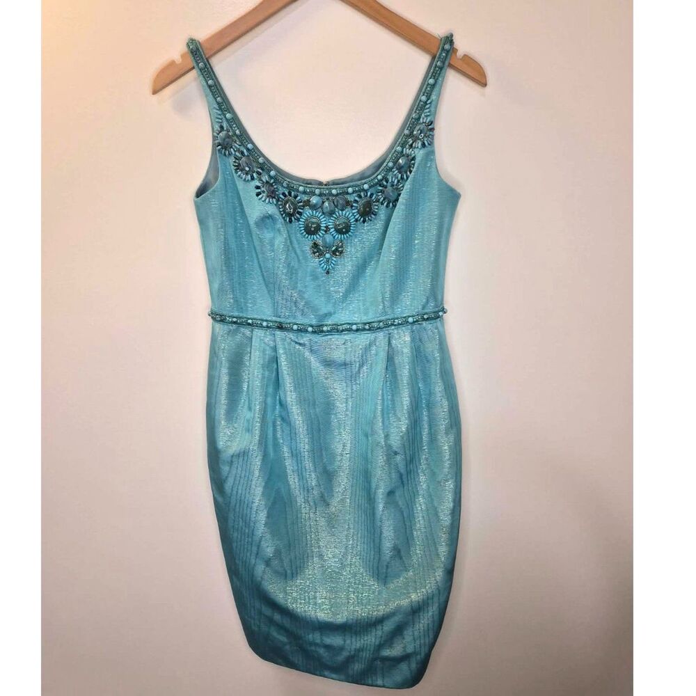 Turquoise Beaded Carmen Marc Valvo Dress Cocktail Party Wedding Guest Pockets